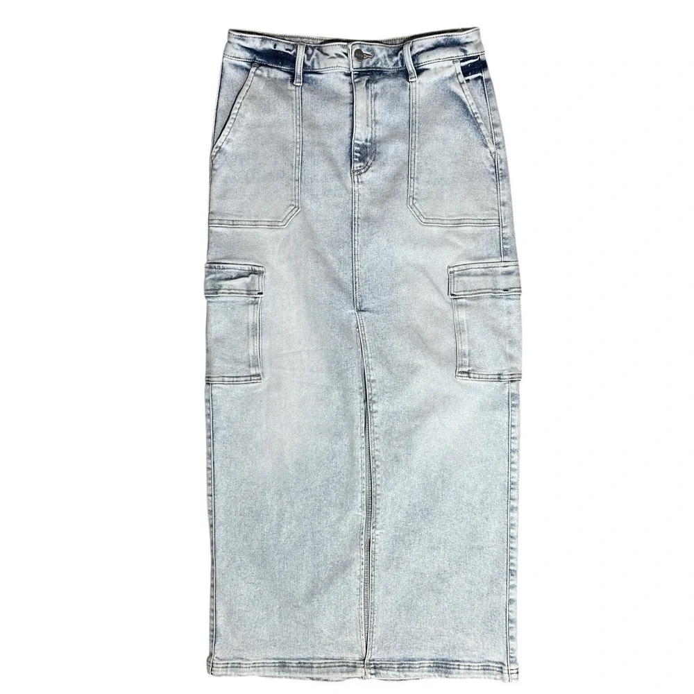 RISEN Jeans Midi Cargo Skirt Sz L Front Slit Stretch Light Wash Denim RDS6186 - Picture 2 of 12